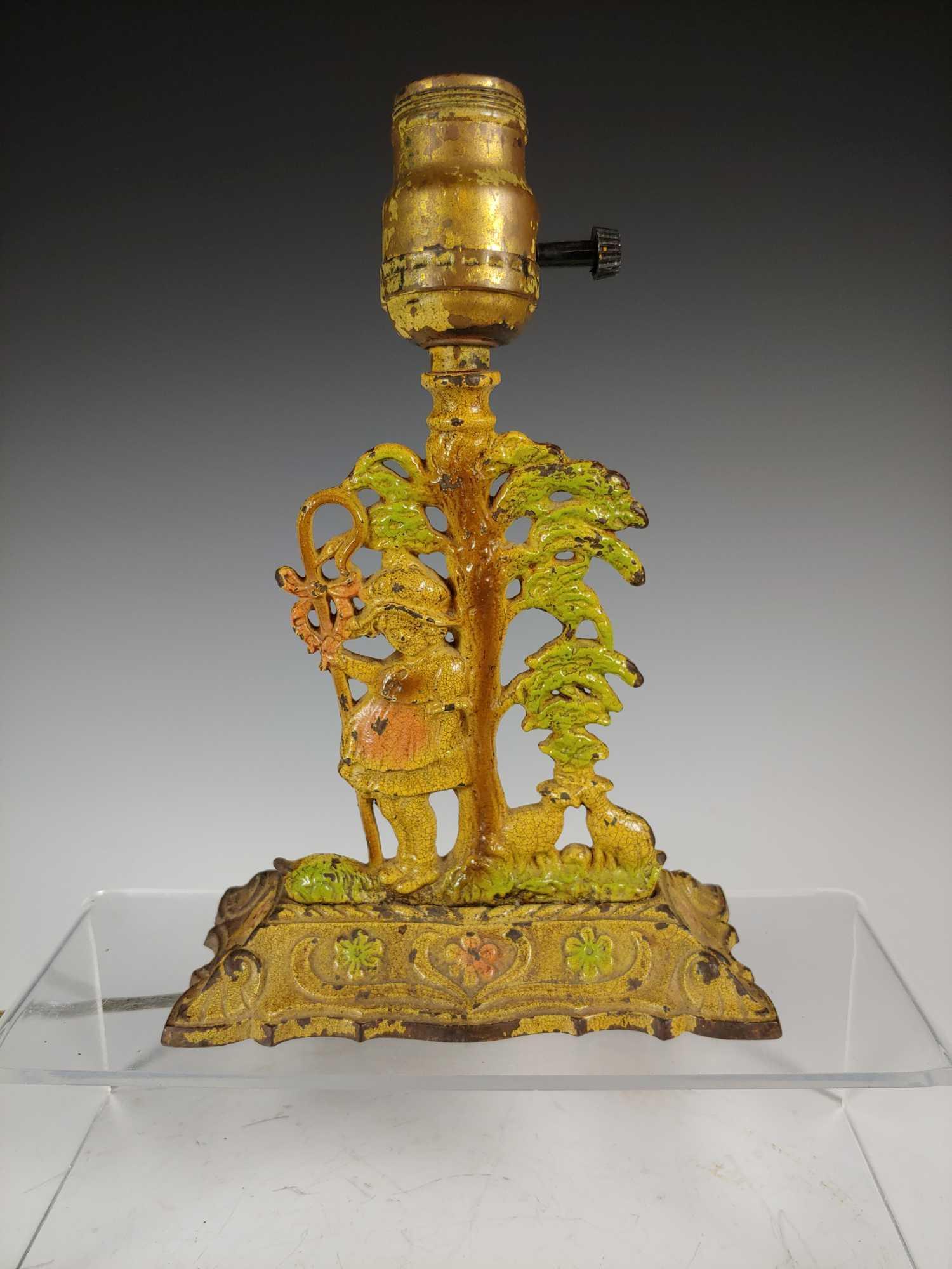 1920's Cold Painted Decorative Lamp Little Bo Peep with: 1920's Cold Painted Decorative Lamp Little Girl with Sheep. Marked Eagle Lites on base. Depicting Little Bo Peep with sheep. In age appropriate condition with some paint loss expected with age, see ph