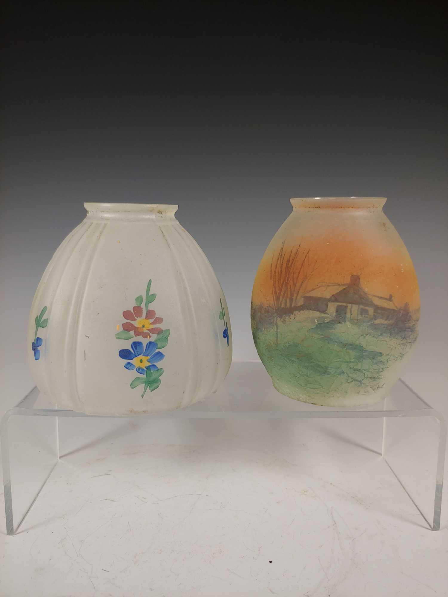 2 Hand Painted Antique Lamp Shades: Two opec glass hand painted antique pendant lamp shades. Approx. 4 1/2" tall bell shade with 2 1/4" fitting and globe approx. 4 3/4" tall with 2 1/4" fitting. In good age appropriate condition, see ph