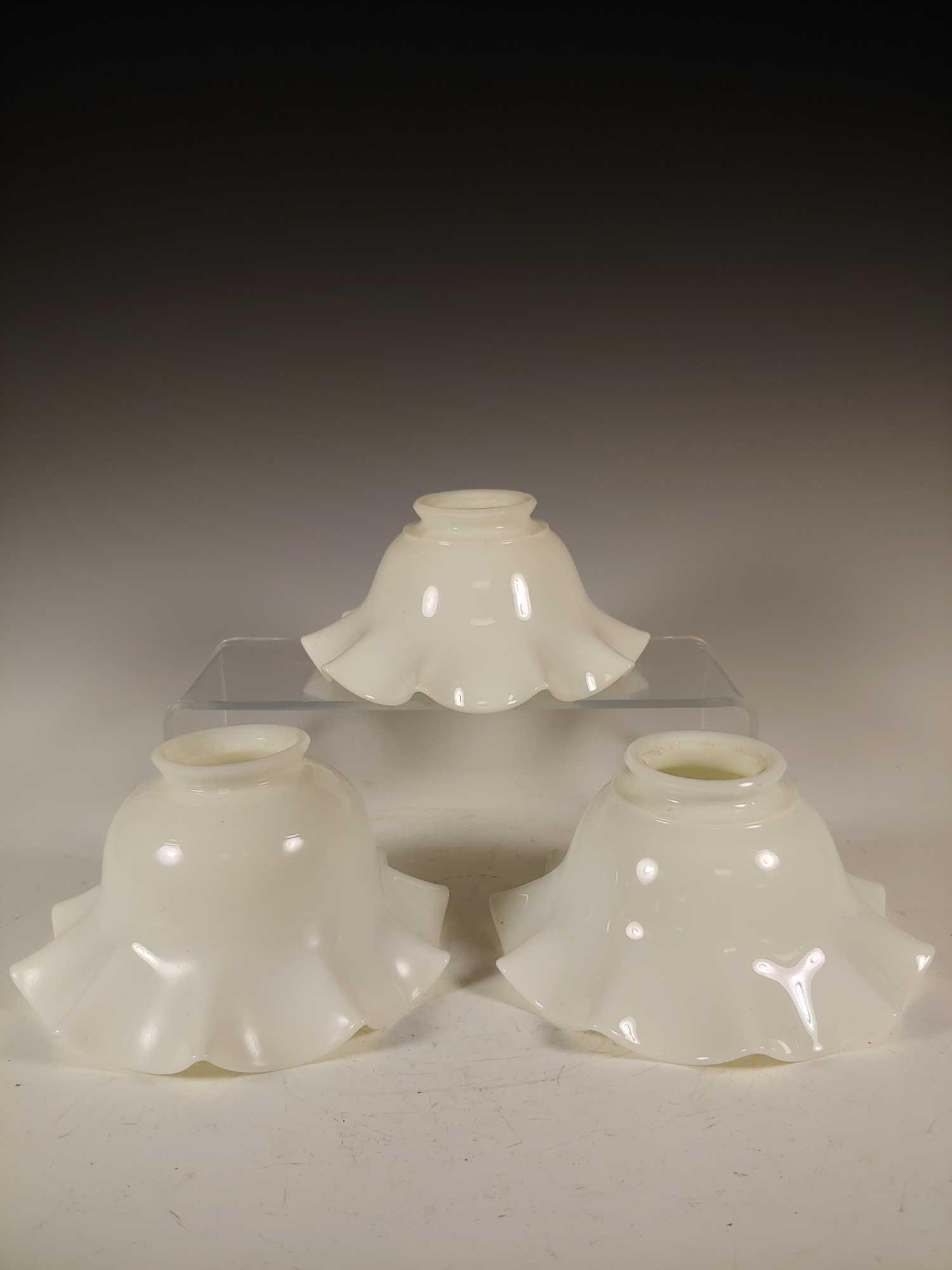 Set of 3 Vintage Milk Glass Pendant Lamp Shades: Set of 3 white milk glass pendant lamp shades. Approx. 3" tall with 2 1/4" fitting. All in good age appropriate condition, see photos.