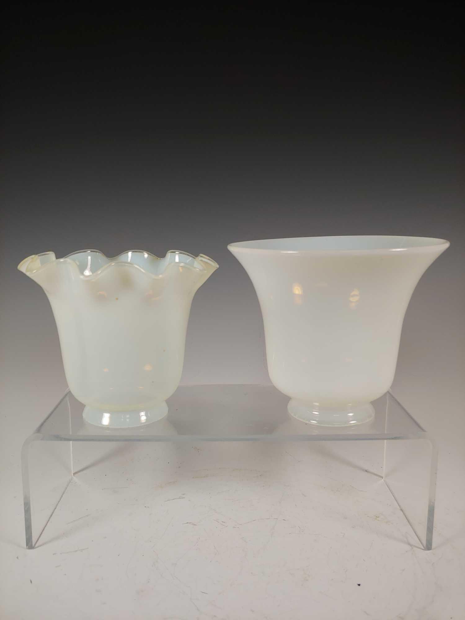 2 Antique Opec Pendant Bell Lamp Shades: Antique opec pendant bell lamp shades likely Fry Glass. Approx. 4 1/4" tall ruffled glass with 2 1/4" fitting lip and 4 1/2" tall bell shade with 2 1/4' fitting. In good age appropriate condition with