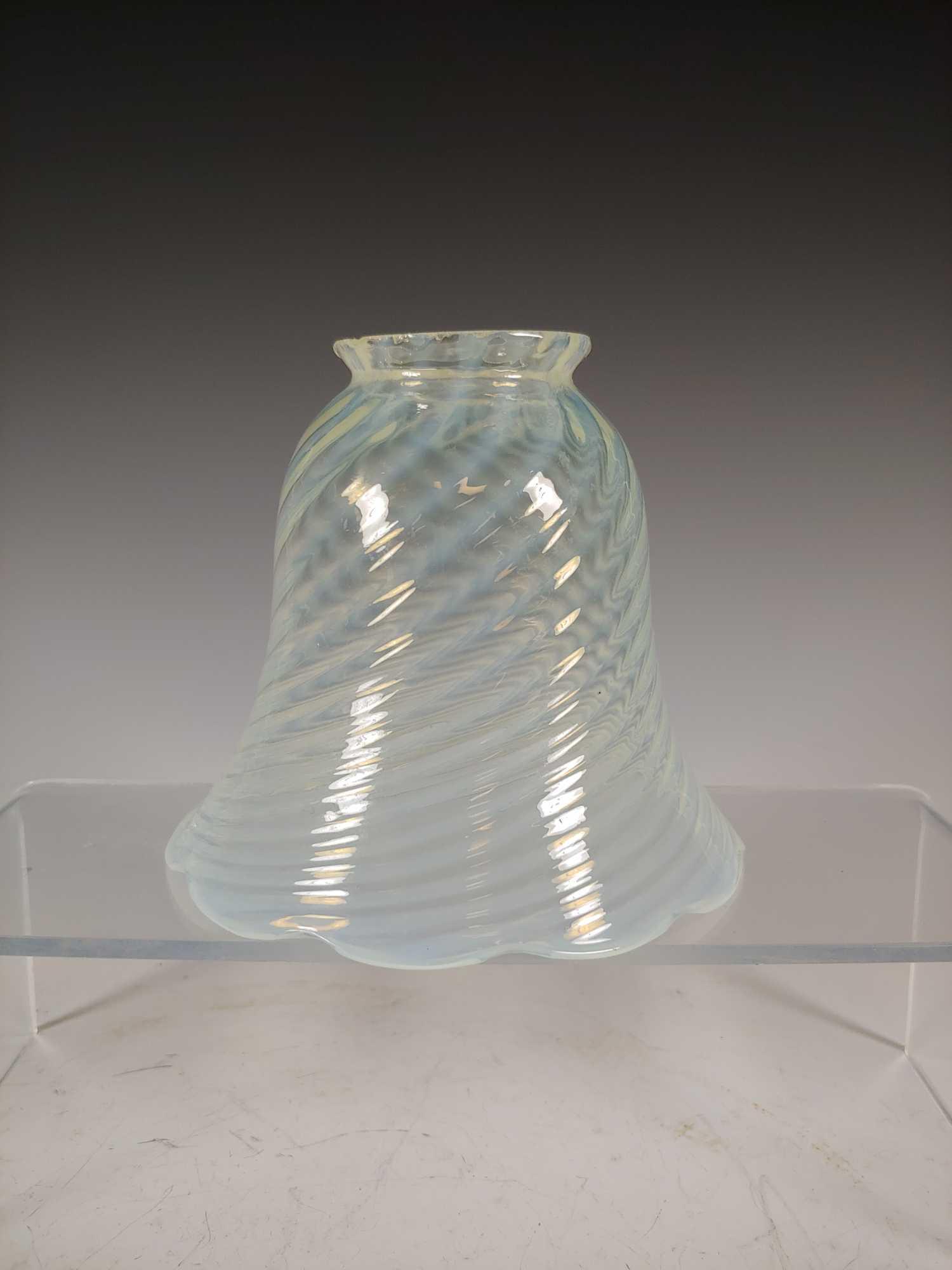 Antique Swirled Opec Glass Bell Pendant Lamp Shade: Swirled opec glass pendant bell lamp shade. Approx. 4 1/2" tall with 2 1/4" fitting rim. In good age appropriate condition with no breaks or cracks with minor chips to fitting lip, see photos.