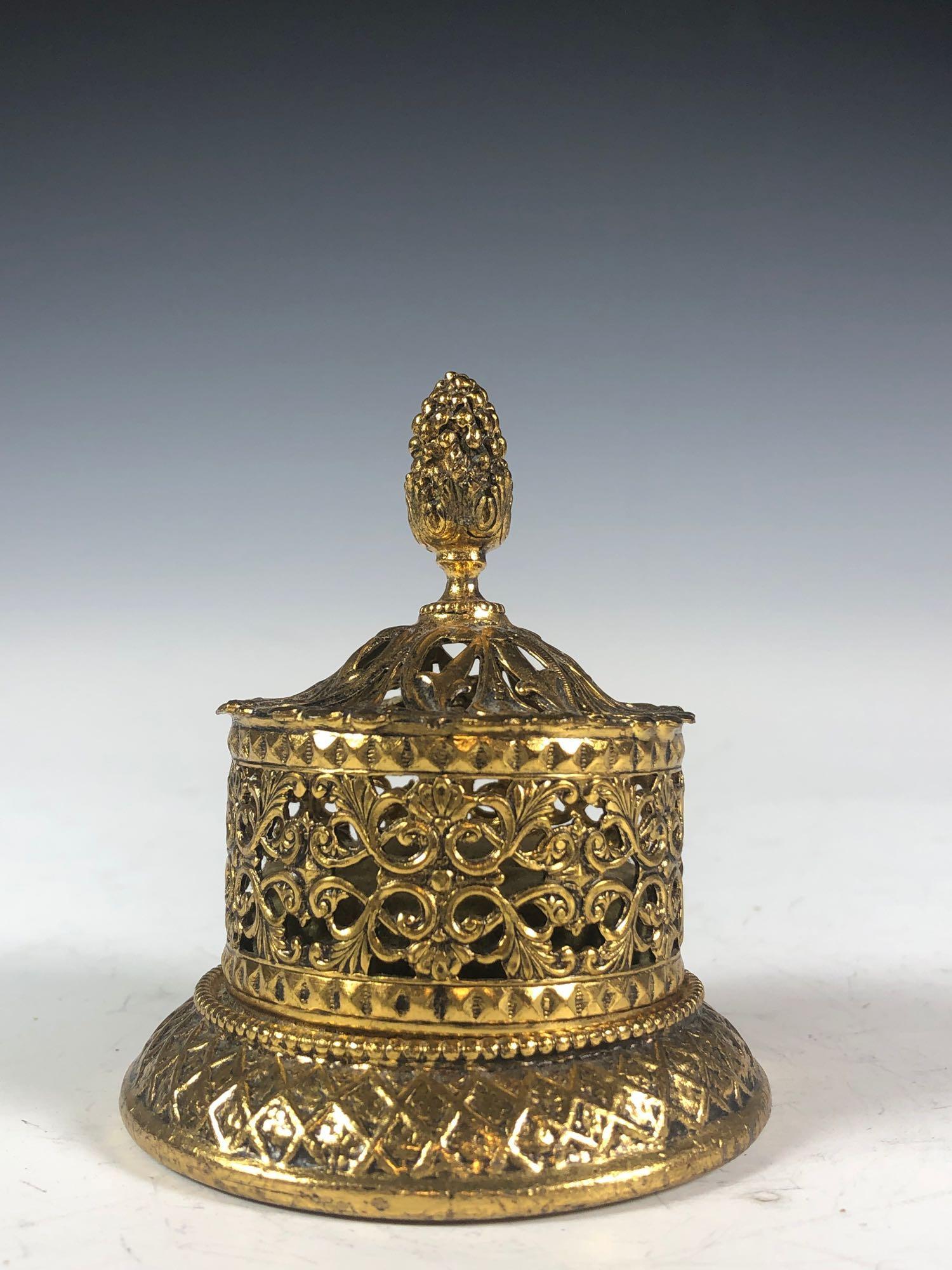 RARE French Brass Filigree Ring Box: Very fine and unusual 20th century French lidded double ring dresser box with velvet interior as shown. Measuring approx 3in tall and in good condition, see photos.