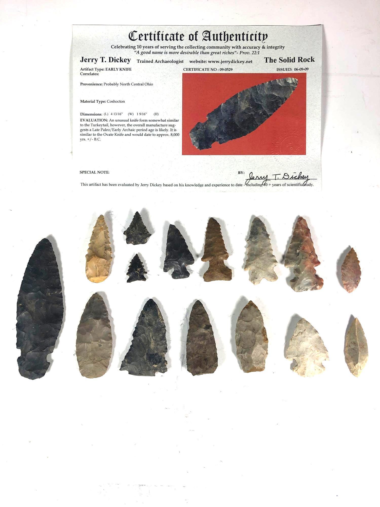 15 Native American & African Arrowheads and Points: Lot of fifteen good Native American, two African as labeled, arrowheads and points. Black spear head L. 4.75". Overall good conditions.