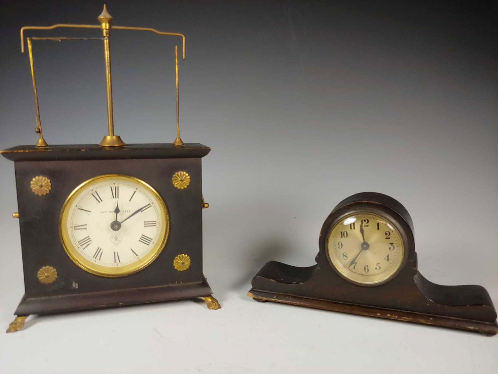 2 Antique Mantle Desk Clocks New Haven and Jerome & Co.: Includes; small New Haven mantle or desk clock approx. 8" long by 4" tall and Jerome & Co mantle clock approx. 10" tall by 6 1/4" wide. Both in age appropriate condition, see photos.