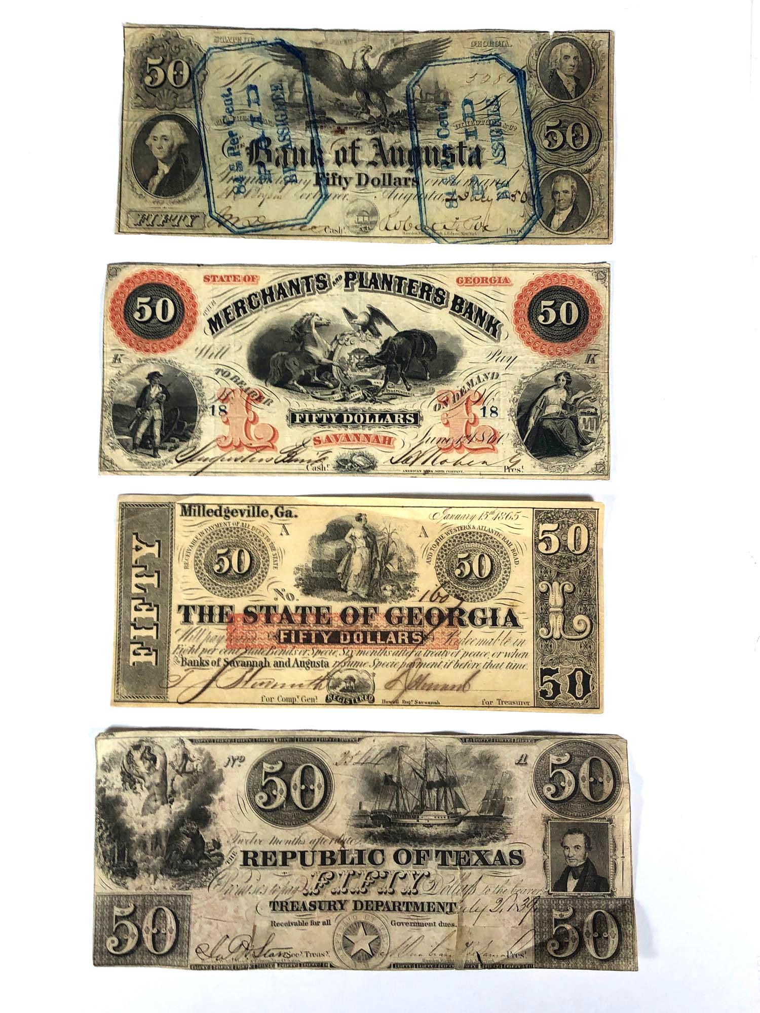 Three Confederate Fifty Dollar Obsolete bank Notes: Includes the State of Georgia THE MERCHANTS and PLANTERS BANK signed in good condition as shown, State of Georgia BANK OF AUGUSTA bank note, The state of Georgia fifty dollars bank note in good condit