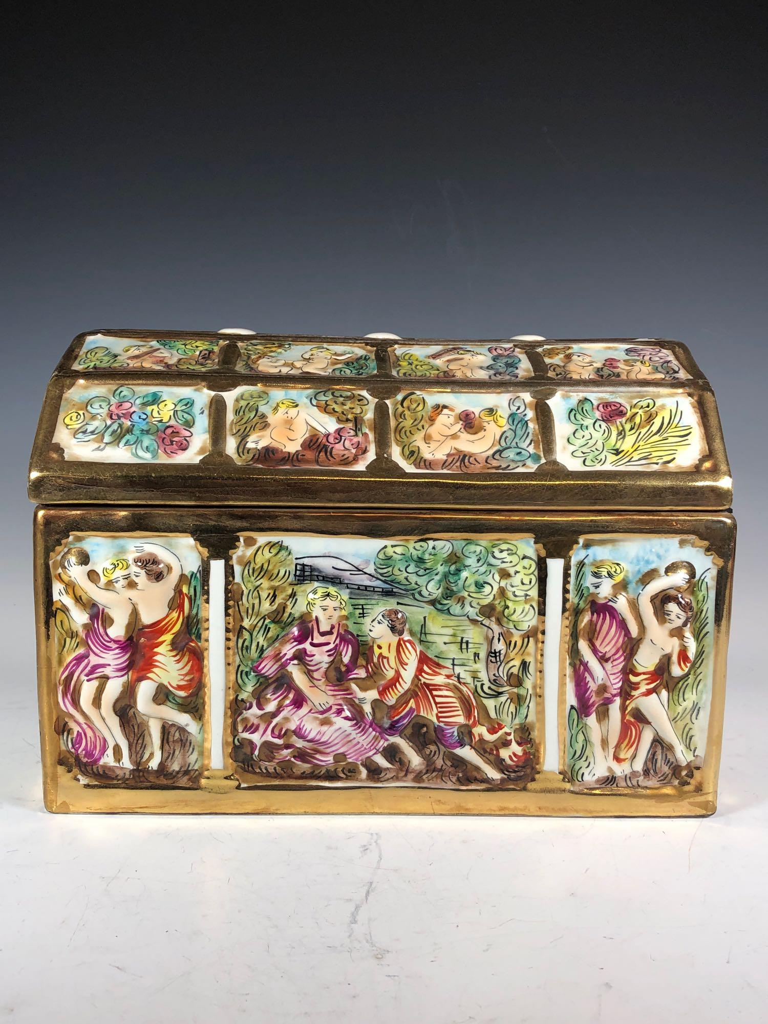 Large Italian Capodimonte Casket Box: 20th century Italian Capodimonte hinged lidded casket form porcelain box. Having gold and Renaissance decor throughout as shown. See photos. Measuring approx 12in wide x 8in tall x 8in deep. Good cond
