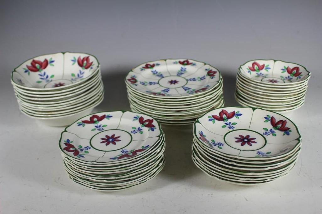 Wood Sons REGENT Woods Ware Dinnerware: Large collection of 19th century English porcelain by WOOD & Sons. Transferware dinnerware in the scarce Burgundy floral pattern REGENT as shown. Includes 11 dinner plates, large platter covered s