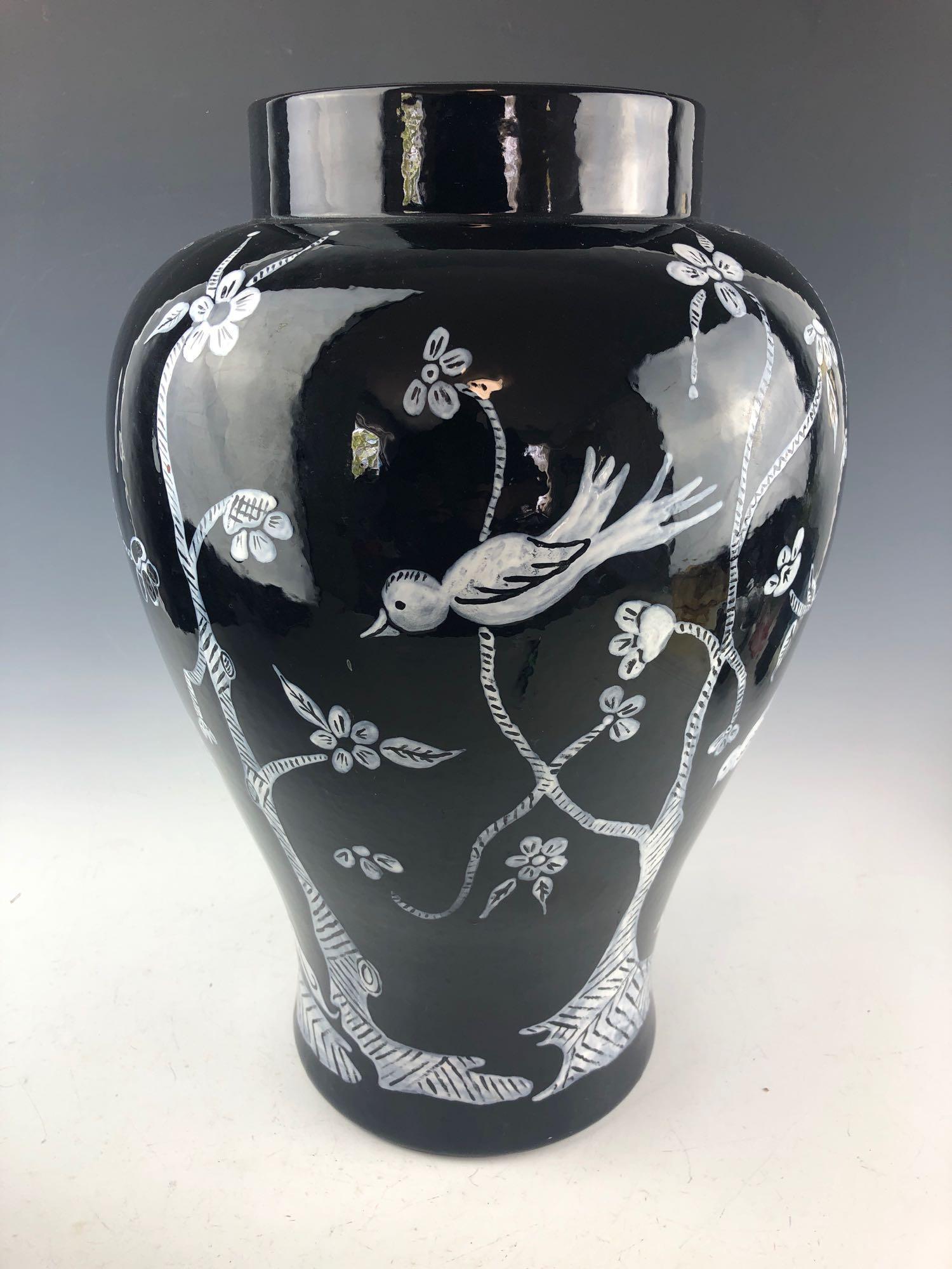 Large 20 th C. Asian Black and White Tree Bird Motif: Large 20 th C. Asian Black and White Tree Bird Motif Zen Bulbous Vase. Good overall condition with no chips cracks or crazing. Minor paint nicks near bottom. See photos. Measures approximately 15" tal