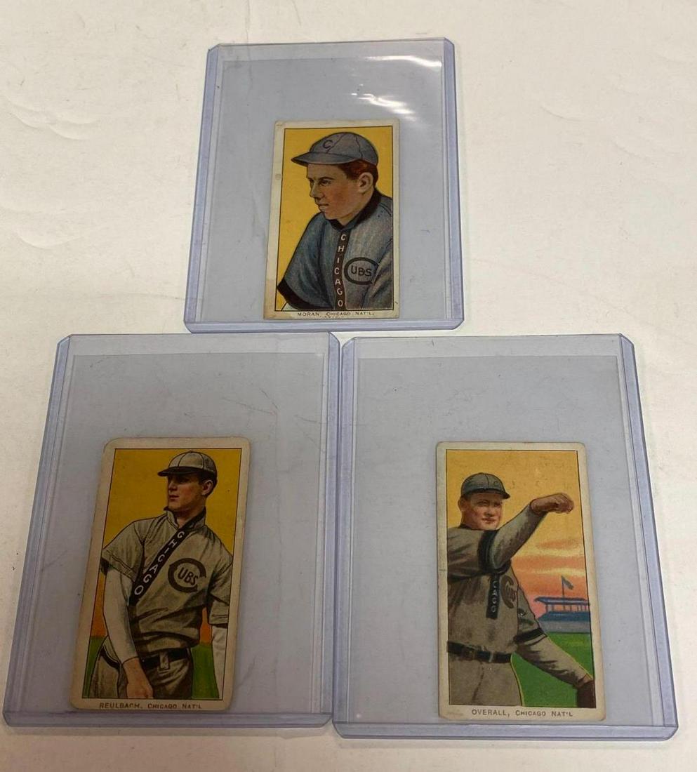 1909-11 T206 Chicago Cubs Baseball Cards(3): Three cards with yellow backgrounds; Moran (EX+, Polar Bear), Reulbach(VG, Piedmont), Overall (VG-EX, Piedmont).
