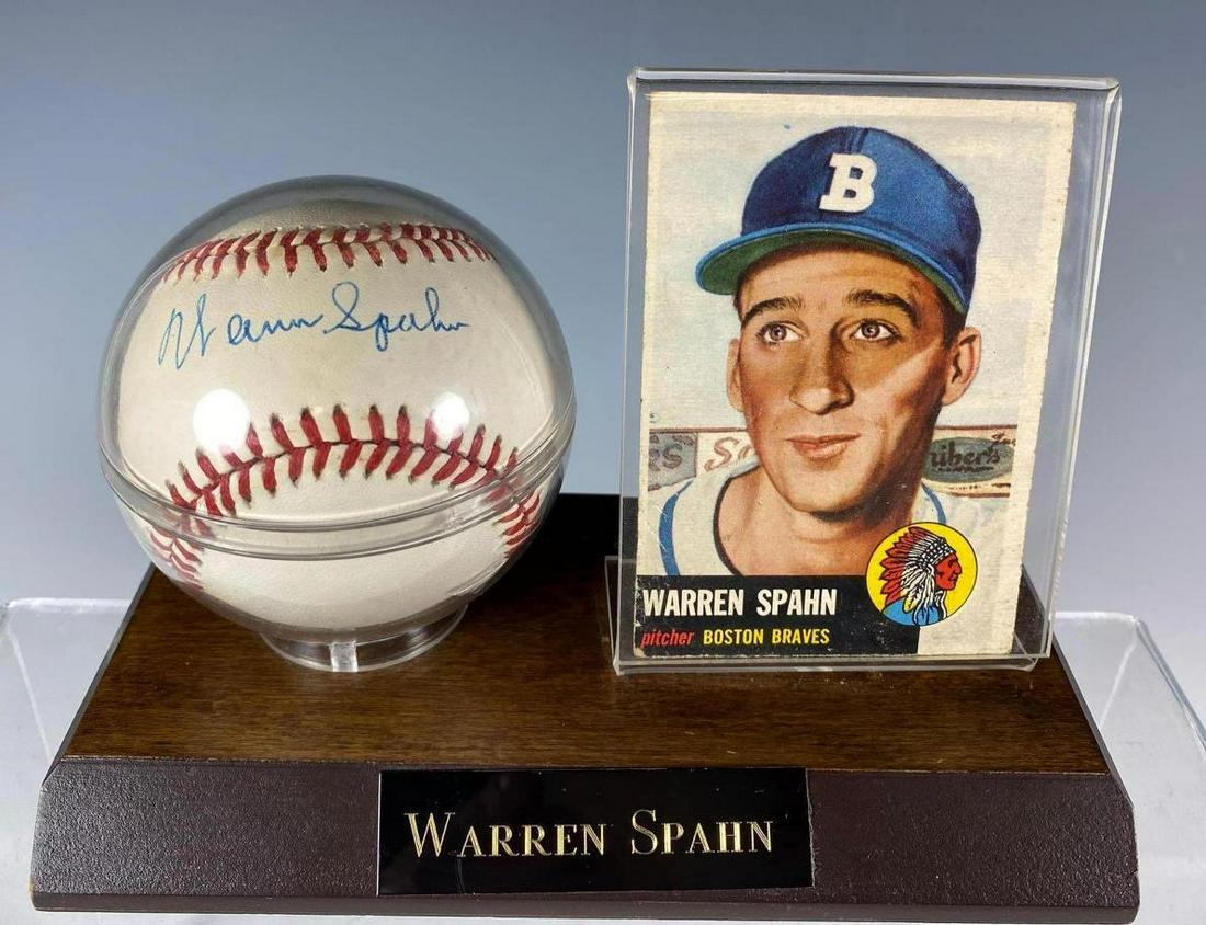 Warren Spahn Autographed Baseball Display w/ 1953 Topps (1 of 7)