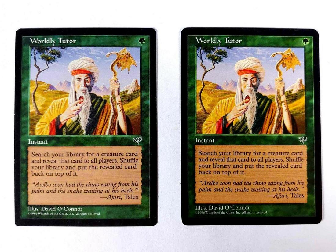 Pair of Worldly Tutor Magic The Gathering Cards: Mirage set cards in very nice, gently used condition.