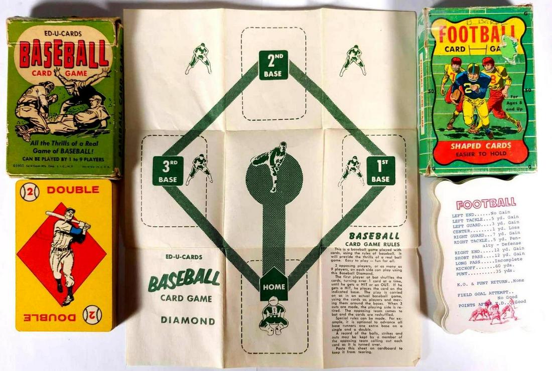 Vintage 1950's Baseball and Football Card Games: 1957 Ed-U-Cards New York Baseball card game with original instructions and Warren Paper products Football card game. In age appropriate condition.