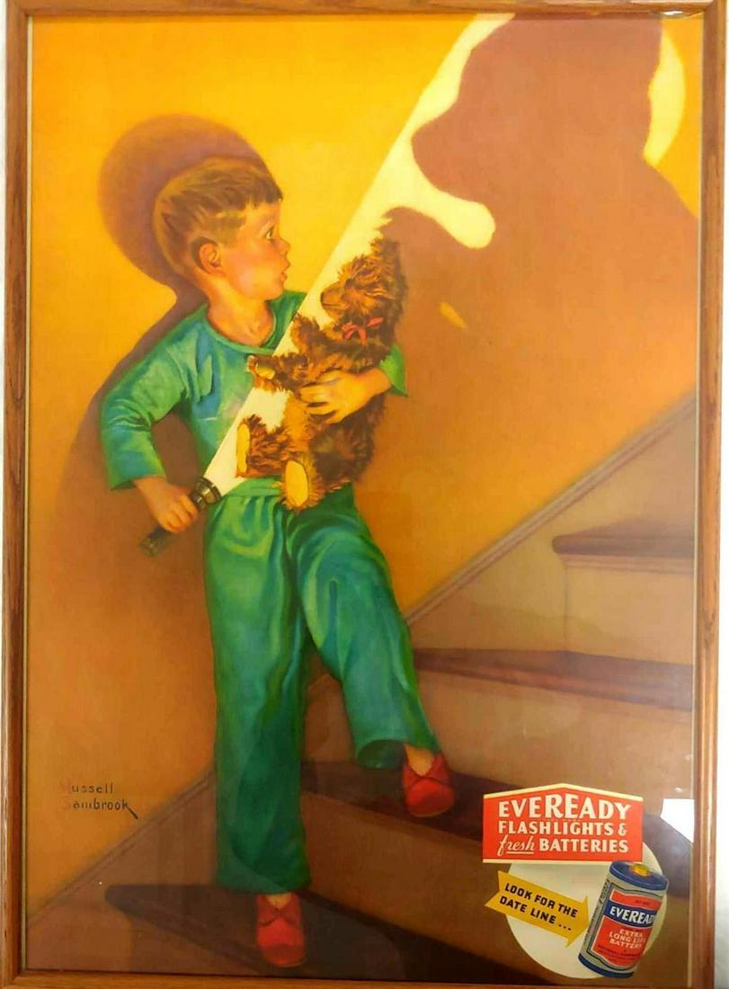 Russell Sambrook (American 1891-1956) Eveready: Eveready Flashlights and Batteries advertising poster print by Russell Sambrook. Young boy spooked by his teddy bear shadow. Great color and shadowing, very crisp advertisement and battery. Approx. 29