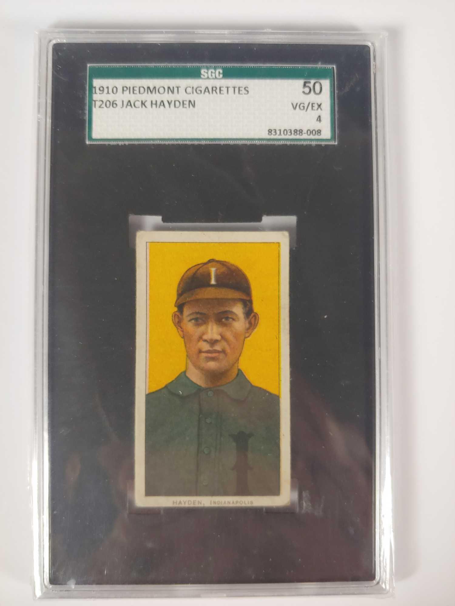 T206 Jack Hayden SGC 50 Piedmont: SGC graded 50 VG/EX 4. Piedmont 350 factory 25. Centering on back of card holds this grade back. Front displays much nicer than a 4.