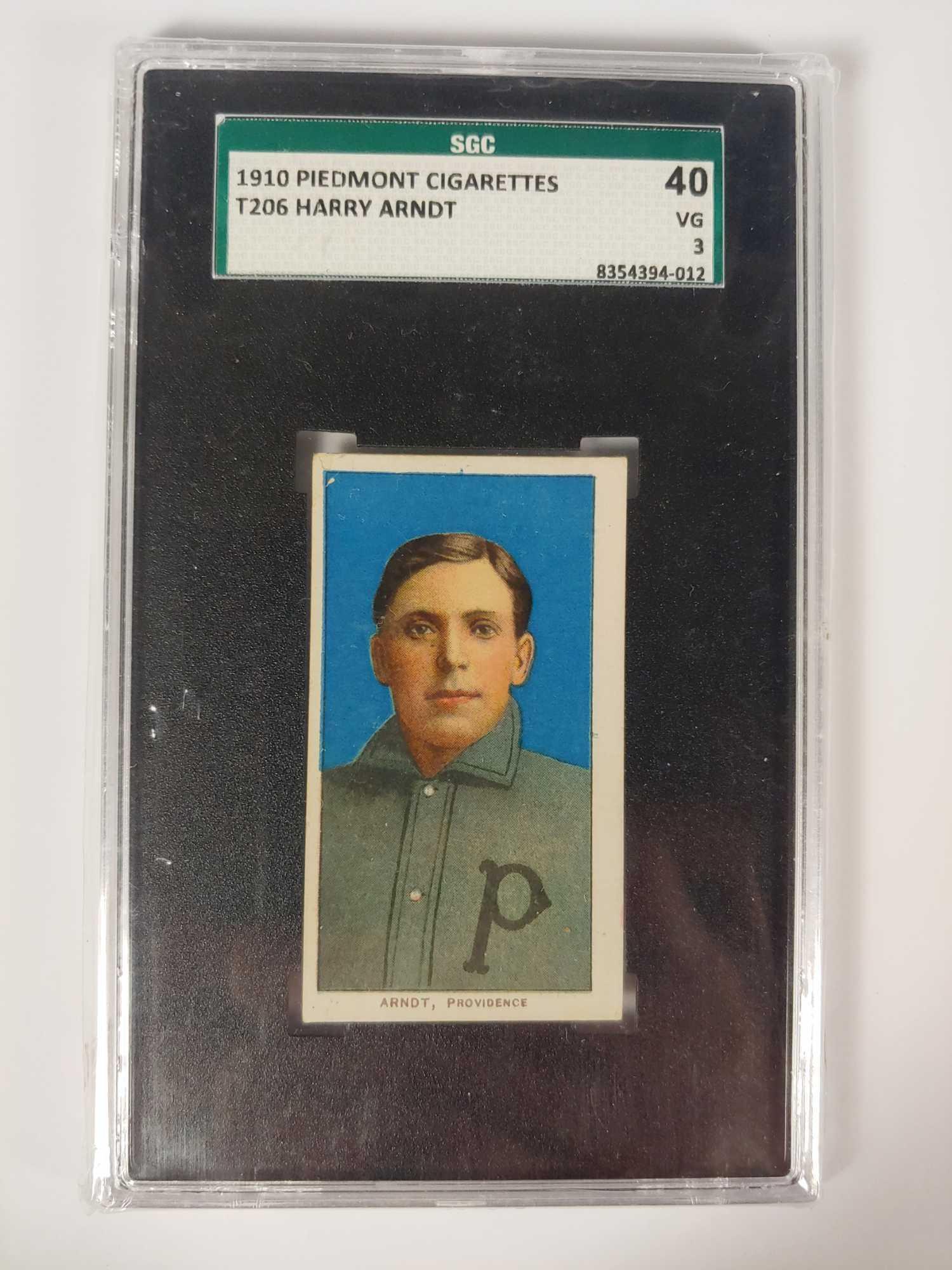 T206 Harry Arndt SGC 40 Piedmont: Piedmont 350 factory 25 advertising back. SGC 40 VG 3 grade. Upper left corner exhibits separation, otherwise this is a very sharp looking card. Centering considered, it is a looker.