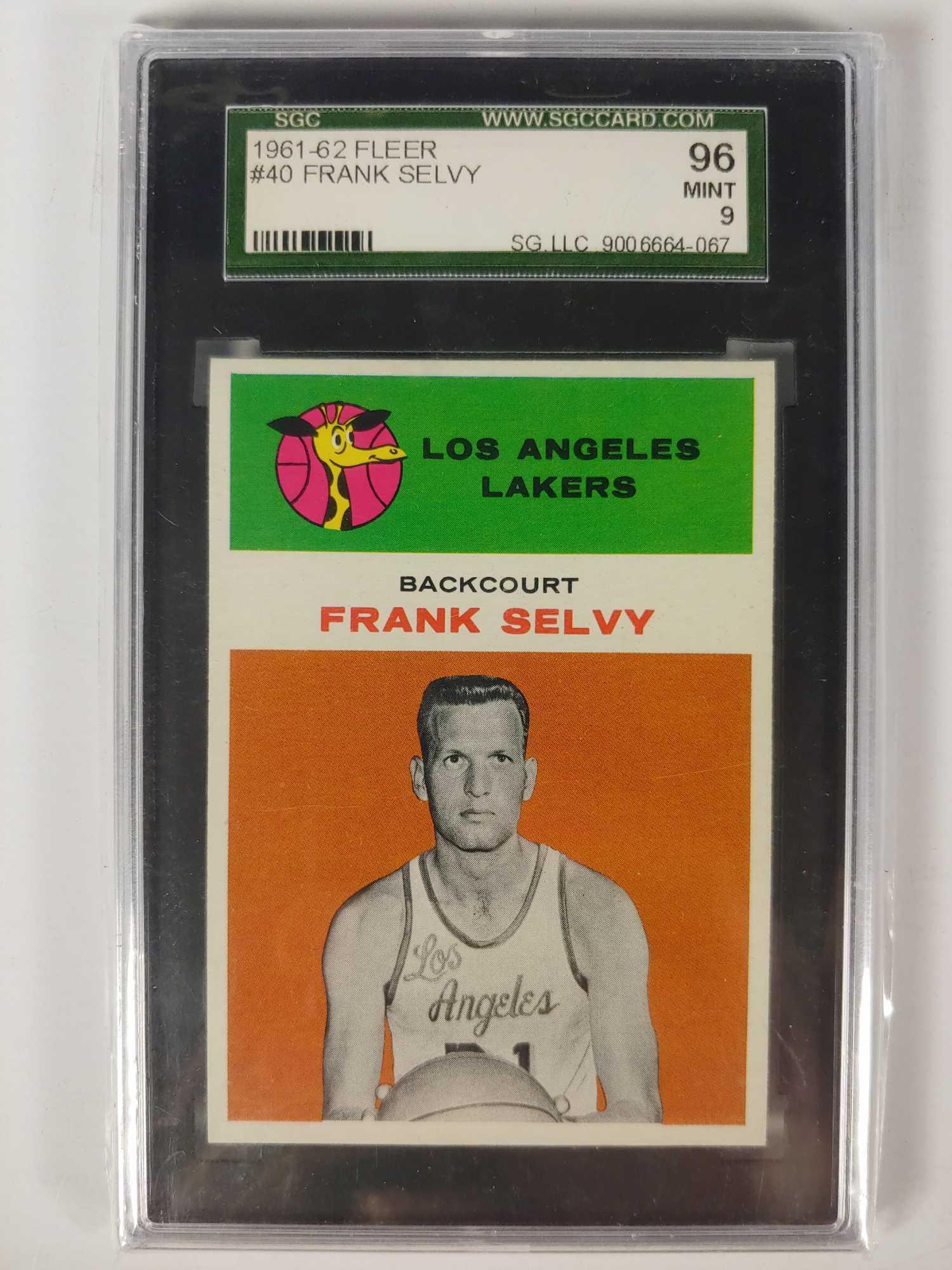 Ultra High Grade 1961 Fleer Basketball Selvy SGC 96: 1961-62 Fleer #40 Frank Selvy SGC 96 MINT 9 grade. Impossible to find card in high grade, let alone MINT grade. Don't pass this one up!