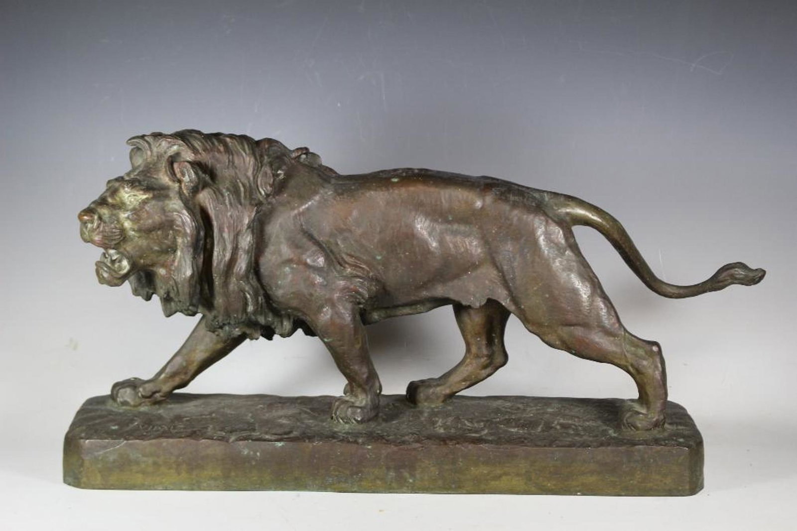 After Louis Vidal (1831-1892) Bronze of a Lion: After Louis Vidal (1831-1892) Bronze of a Lion, modeled as a striding lion, with dark patina, signed "VIDAL 14 X 7 x 29 in.