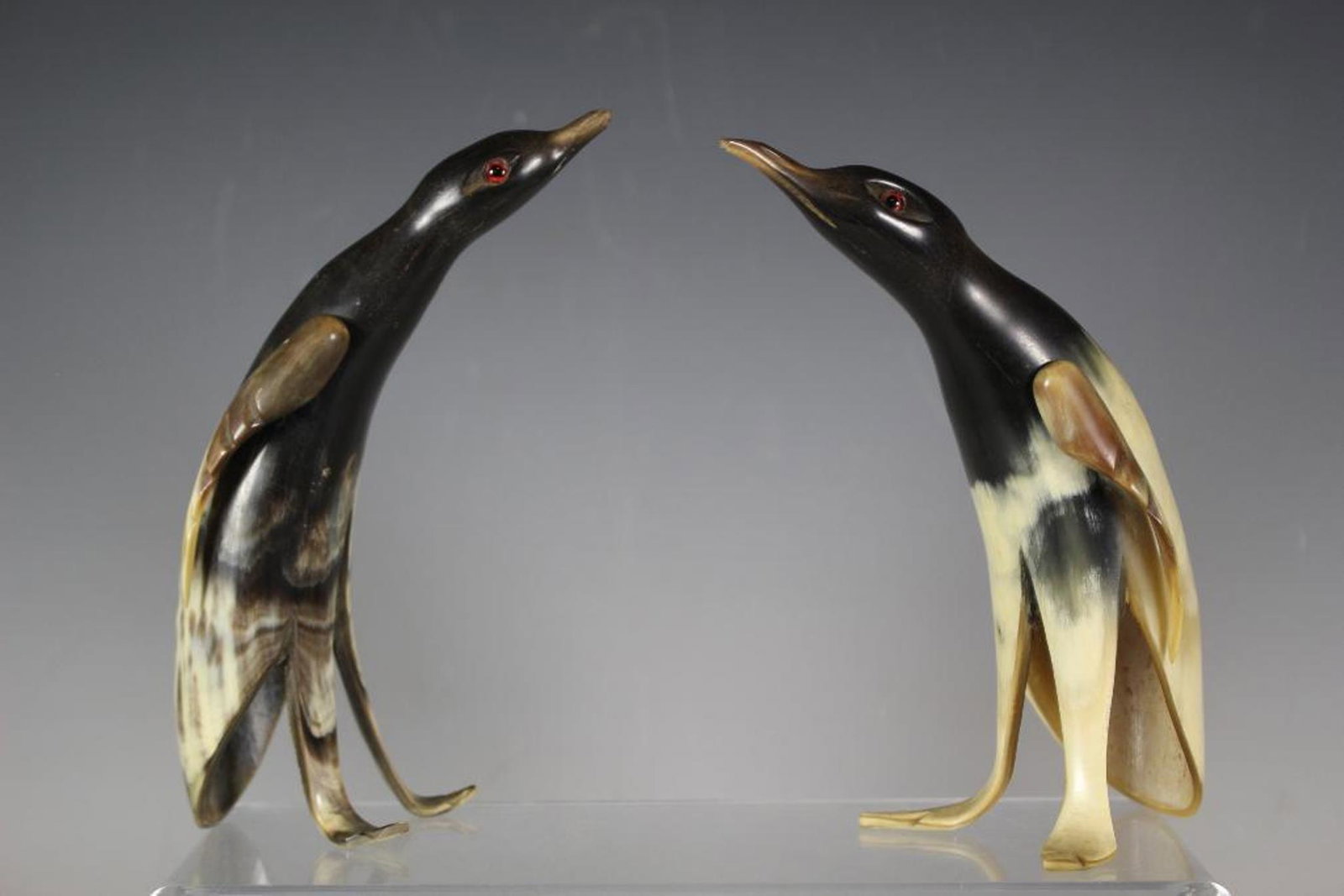 UNIQUE Pair of Carved Bone Antler Horn Penguins: Early 20th Century bone or horn antler carved penguins standing approx 7" tall. Condition is good as shown, see photos. Most steer horn, see photos for details.
