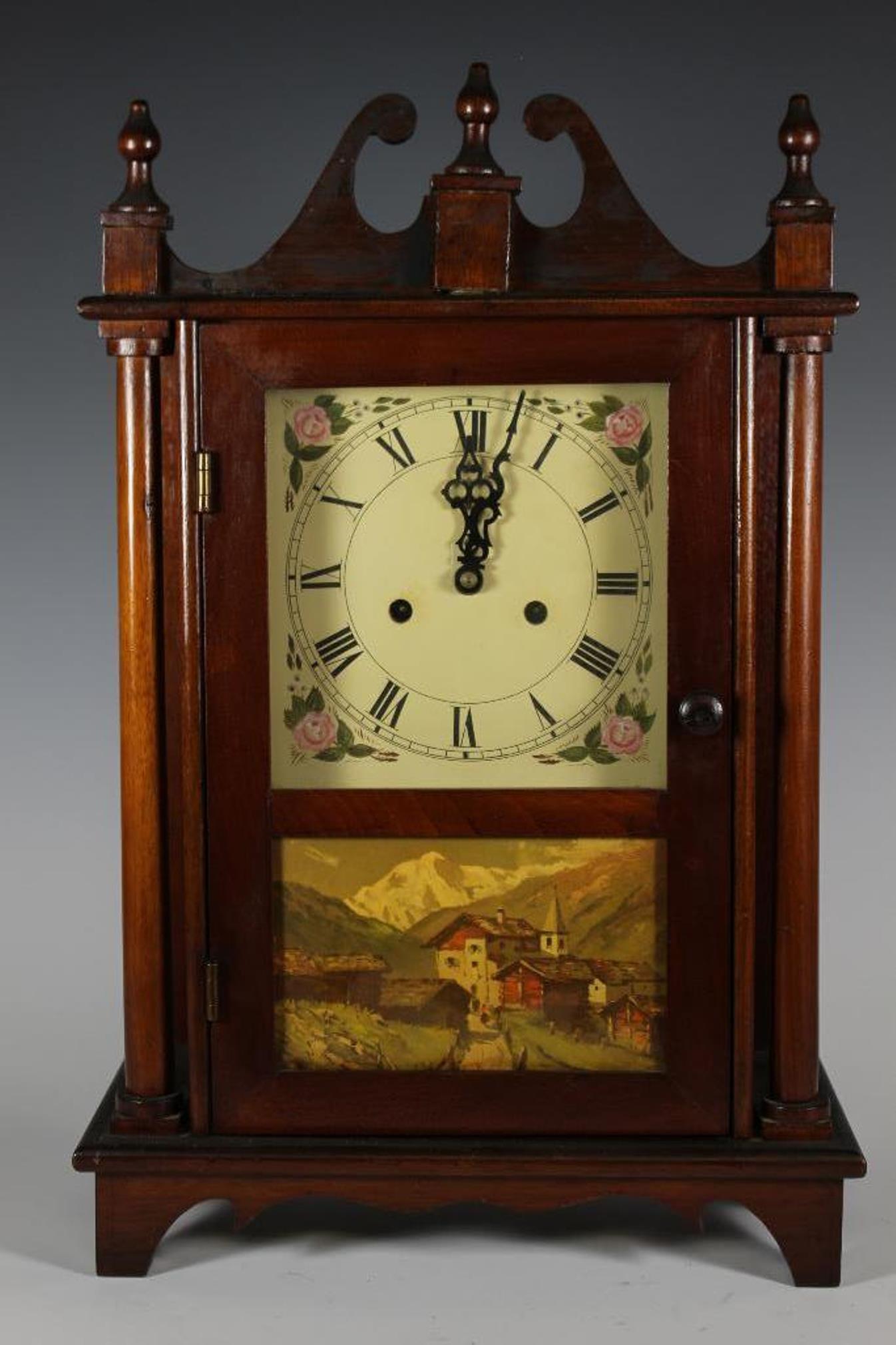 1950s Smiths Enfield Shelf Mantle Clock: Mid century Smiths Enfield 8 day clock. Approx. 20" tall. In good condition with key and scratch on glass, see photos.