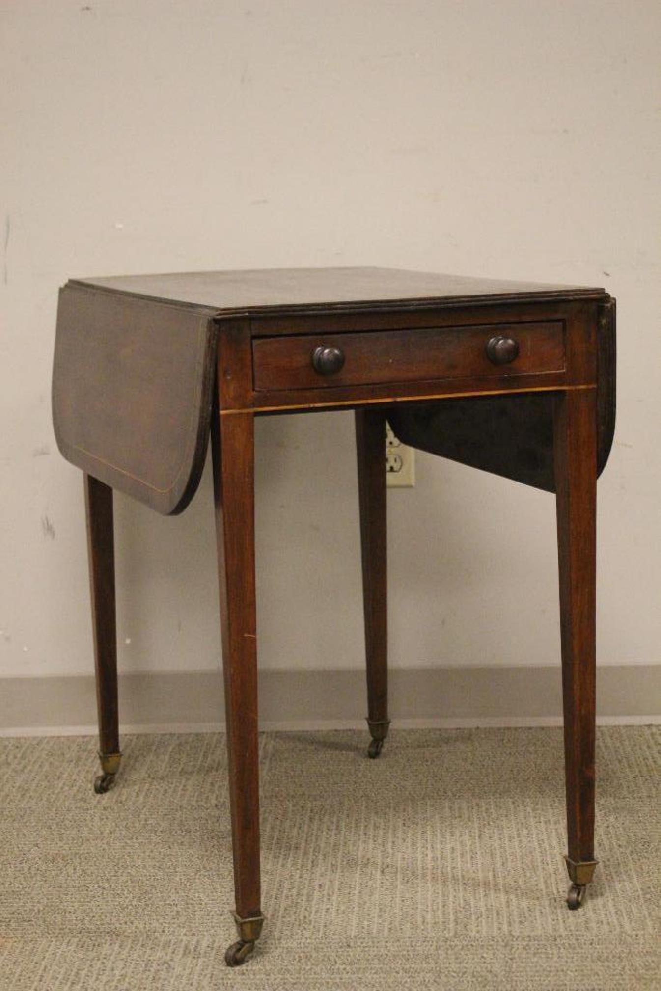 18th Century Hepplewhite Pembrook Table: Ca. 1790 Pembrook table. mahogany drop leaf table with rosewood banding and striaght inlay throughout. English, one drawer stand with oak secondary wood original paper drawer liner. Approx. 29" tall b