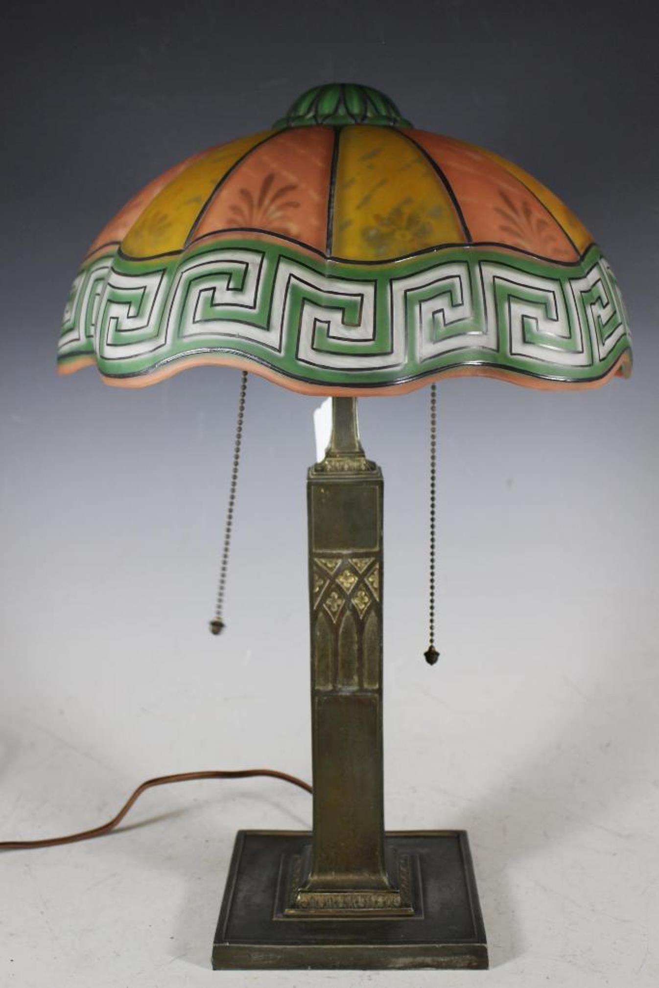 RARE Pairpoint Closed Dome Reverse Painted Lamp: Signed Pairpoint Closedtop Reverse & Reserve Painted Greek Key Table Lamp on square base. Colorful Ribbed Shade rest on 12" 4 arm spider. Base has 2 arrow sockets w/ acorn pulls. 21 1/2" Tall. Con