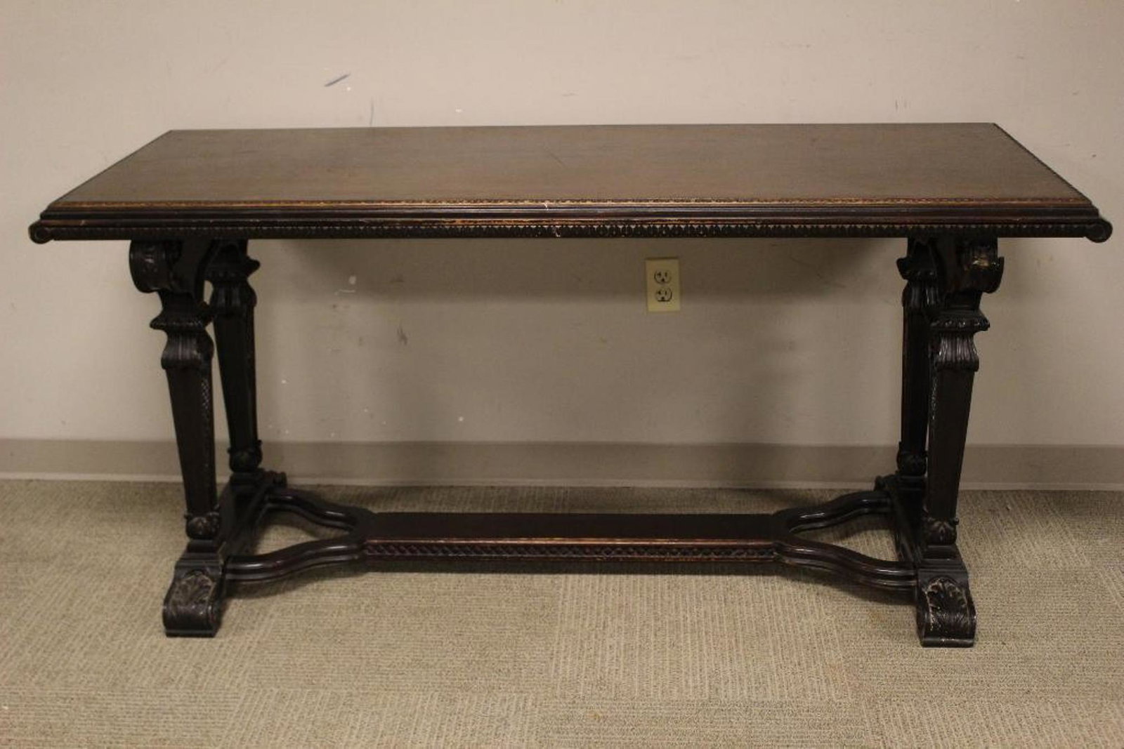Fine Acanthus Carved 19th Century Library Table: Wonderfully carved renaissance revival black walnut library table. Possibly KARPAN with the finest details throughout. Measuring approx 31" tall x68" wide x 28" deep. Normal use and wear consistent wi