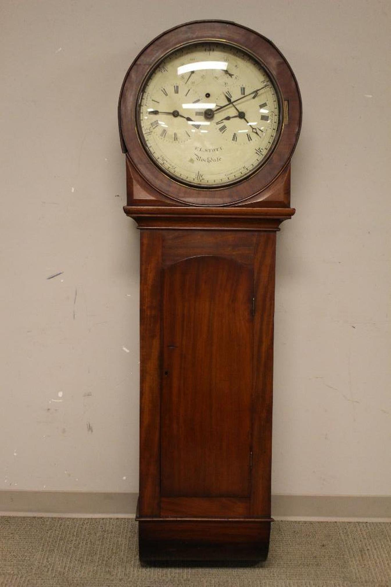 UNUSUAL Multi Dial Industrial Wall Clock: Scarce and unusual American, 19th century (1850-60's) Industrial wall clock. Having multi dial face, Monday through Saturday calendar dial and oversized Cherry case. Dial reads the names ROCKDALE and 