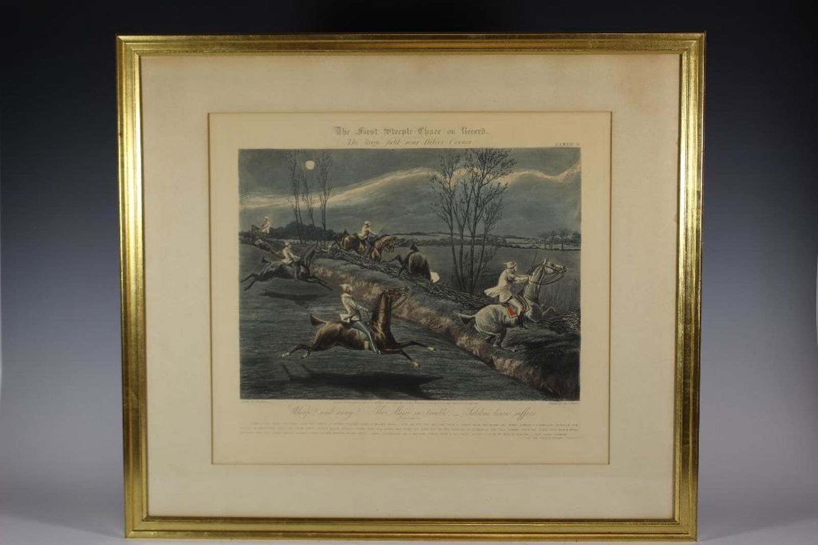 Hand Colored Sportsman Engraving by H. Alken and J: Early hand colored engraving. â€œThe First Steeple-chase on Record” better known as â€œThe Magnificent Steeplechase”. Drawn by H. Alken, engraved by J. Harris and published by Ben
