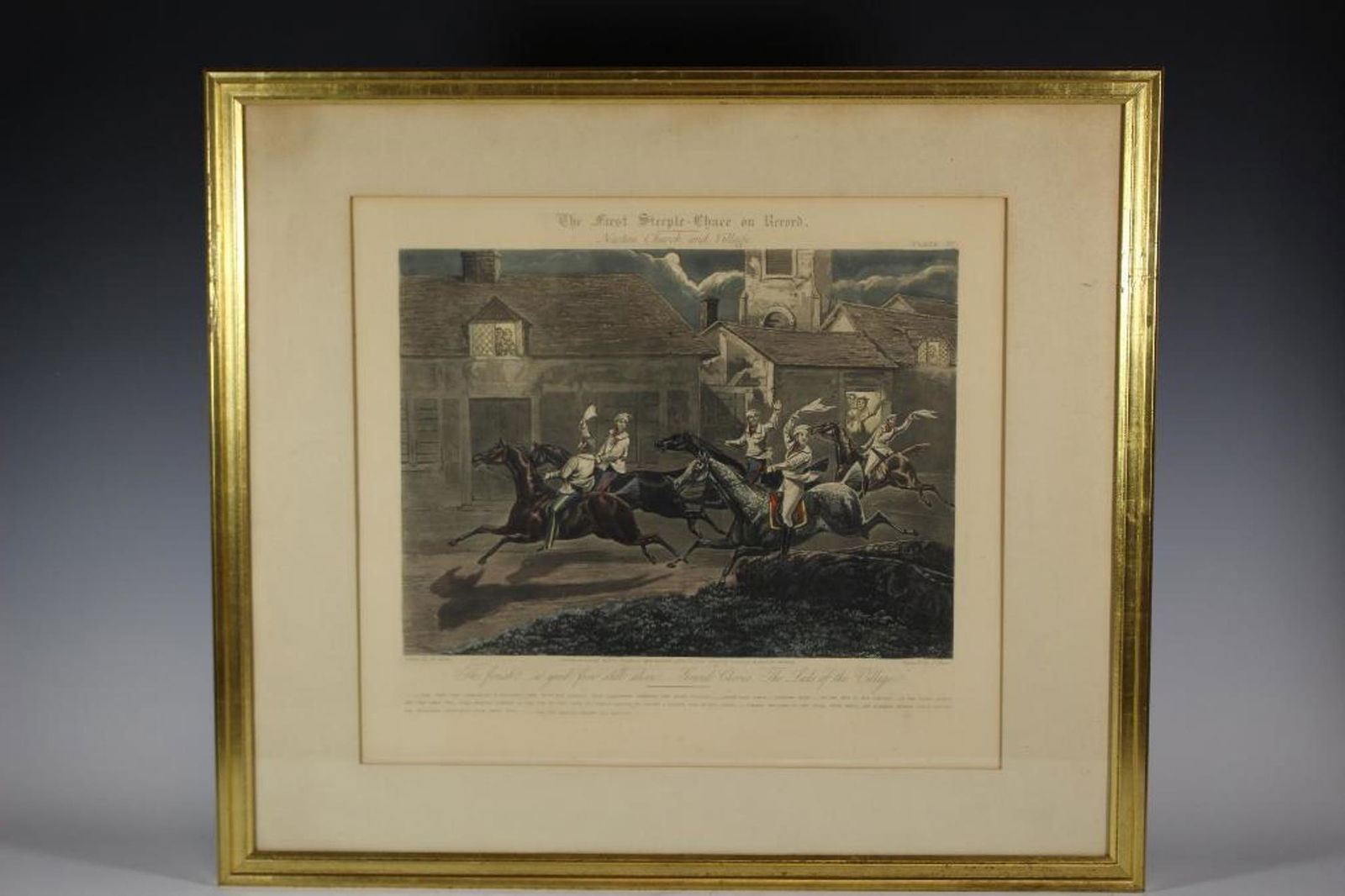 Hand Colored Sportsman Engraving by H. Alken and J: Early hand colored engraving. â€œThe First Steeple-chase on Record” better known as â€œThe Magnificent Steeplechase”. Drawn by H. Alken, engraved by J. Harris and published by Ben