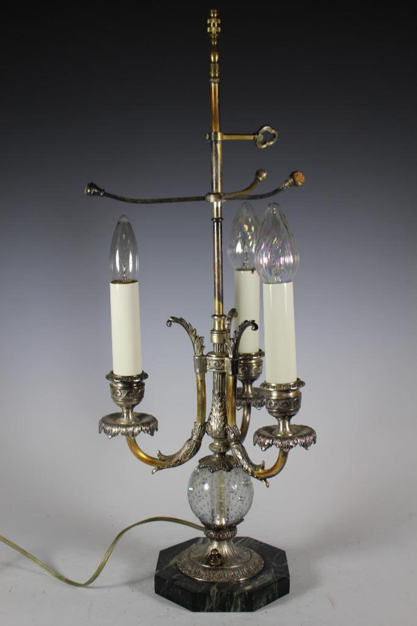 Pairpoint Three Light Table Lamp: Three light Pairpoint lamp with octagonal black marble base, clear bubble round glass and silver-plated branched arms. Working condition as shown, see photos. Measuring approx 26" tall.