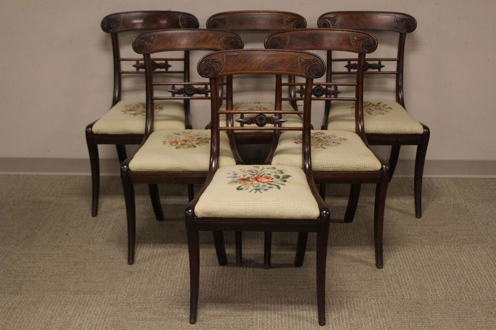 Set of Six Signed Duncan Phyfe Dining Chairs: Exceptional set of six period Ducan Phyfe dining chairs stamped T. RIDGWAY with needlepoint seats and brass inlay. Measuring approx 36" tall x19"wide x 18" deep. See photos Duncan Phyfe was one of nin