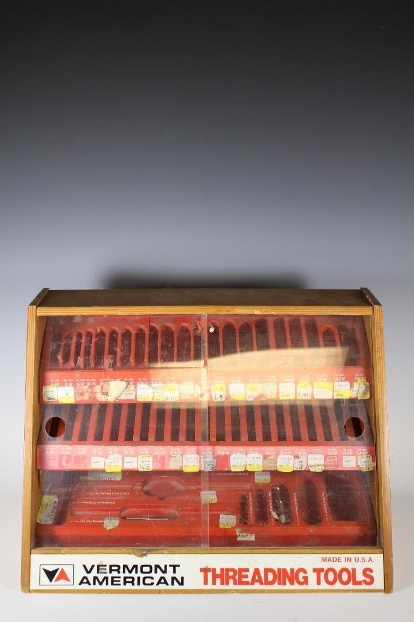 Vintage Hardware Store Display Case: Vermont American Threading Tools hardware store display case with removable shelves. In vintage used condition with some scratches and dings, see photos.