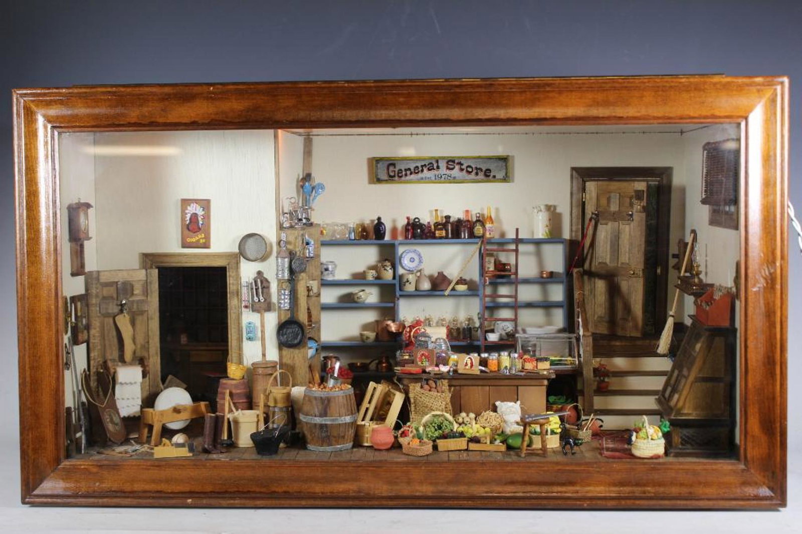 Elaborate GENERAL STORE Diorama Window Display: Fantastic 20th century country General Store lighted display diorama. Display filled with miniatures related to General stores in the late 19th century ro early 20th century. Modeled display is second