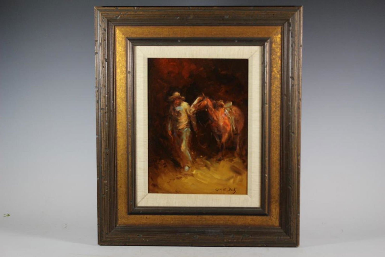 George Dick (1916-1978) Oil Painting: George Dick (1916-1978), "Tracker", oil on Masonite, 12 x 10", frame: 16.25 x 20" signed in lower right as shown. See photos. George Dick was a wildlife and Western painter and sculptor, sometimes pai