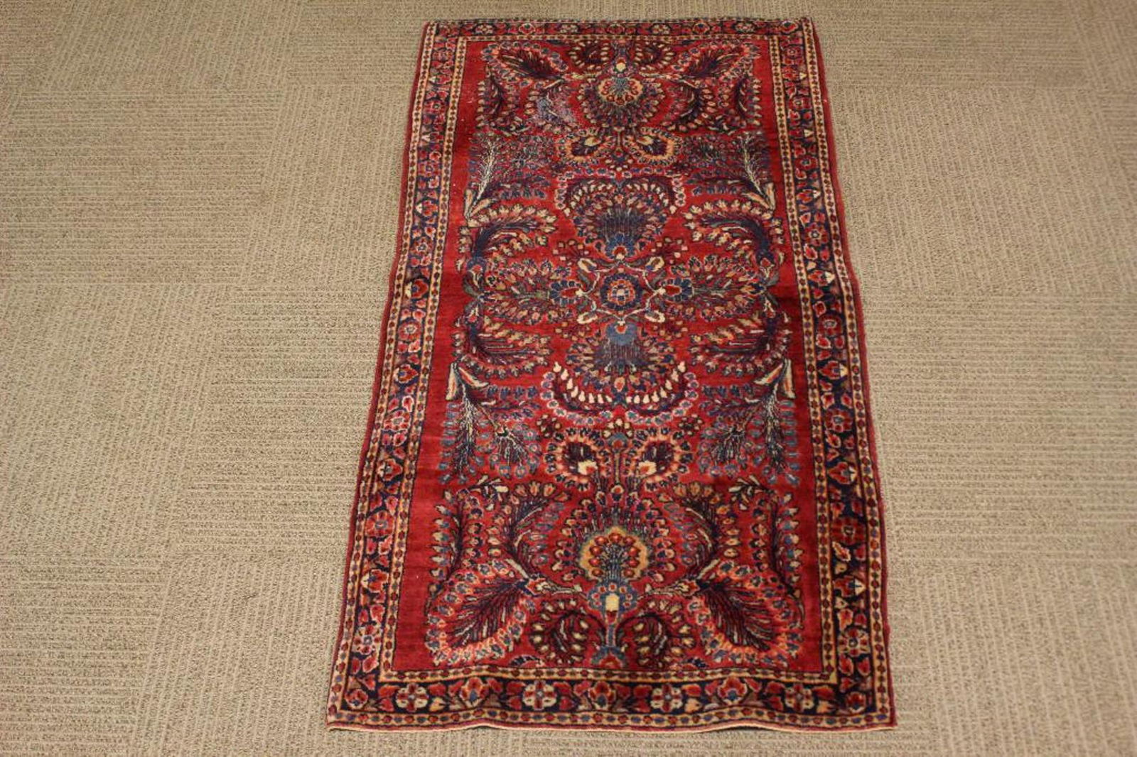 Semi Antique Persian Carpet: Fine woven 1930's Persian approx. 57" by 29". Note; candle wax, see photos.
