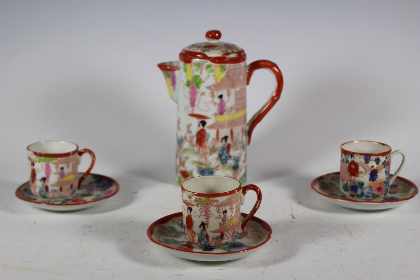 Early Japan Tea Set: Service for three with teapot. Stamped JAPAN. 1940-50's era. Normal use and wear, see photos.