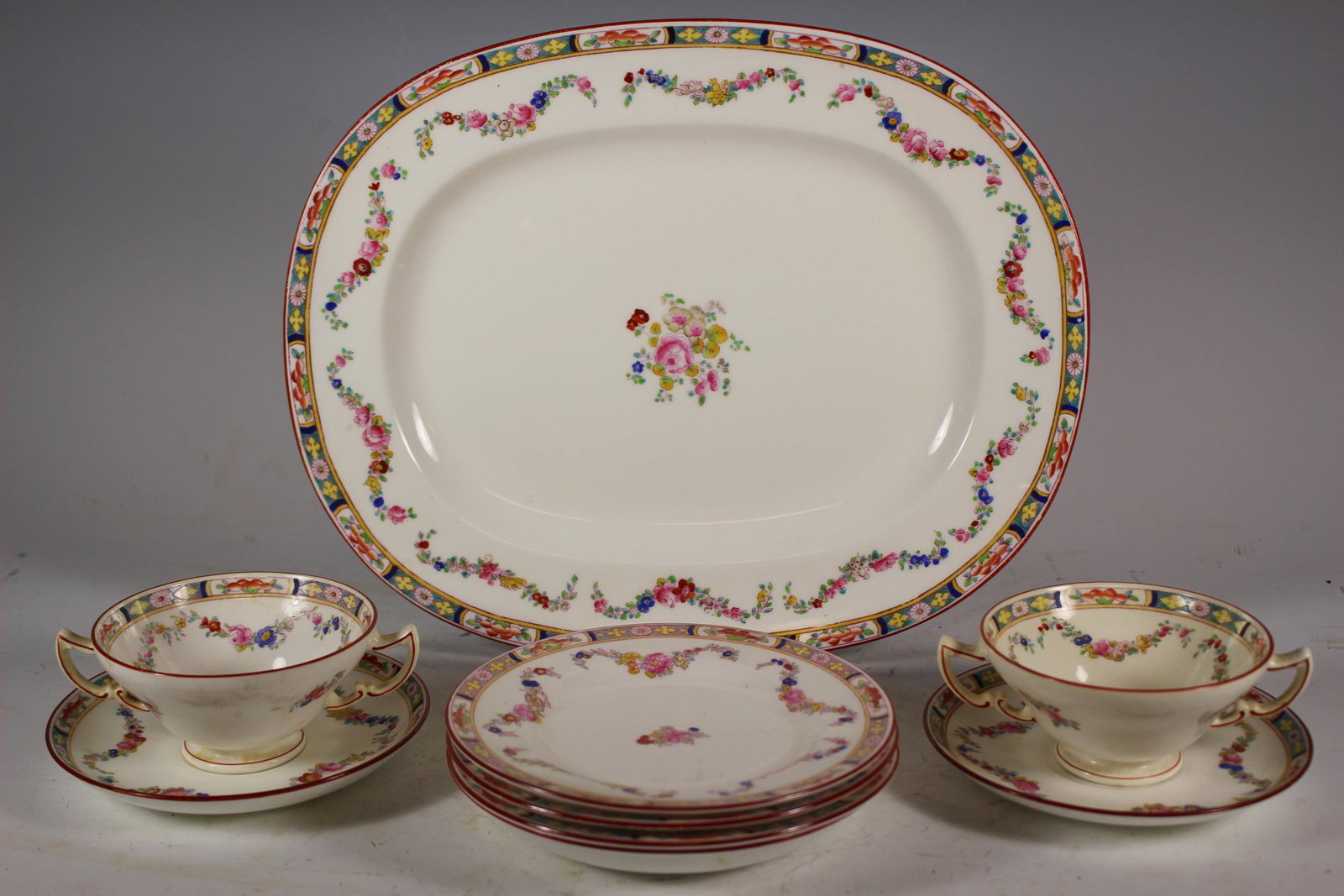 40+ pc Collection Minton and Other Rose: Assembled collection of the pattern ROSEDALE by Minton Cowell Hubbard and Crescent Ivory England. Various cups, cups, plates and serving pcs. Various conditions