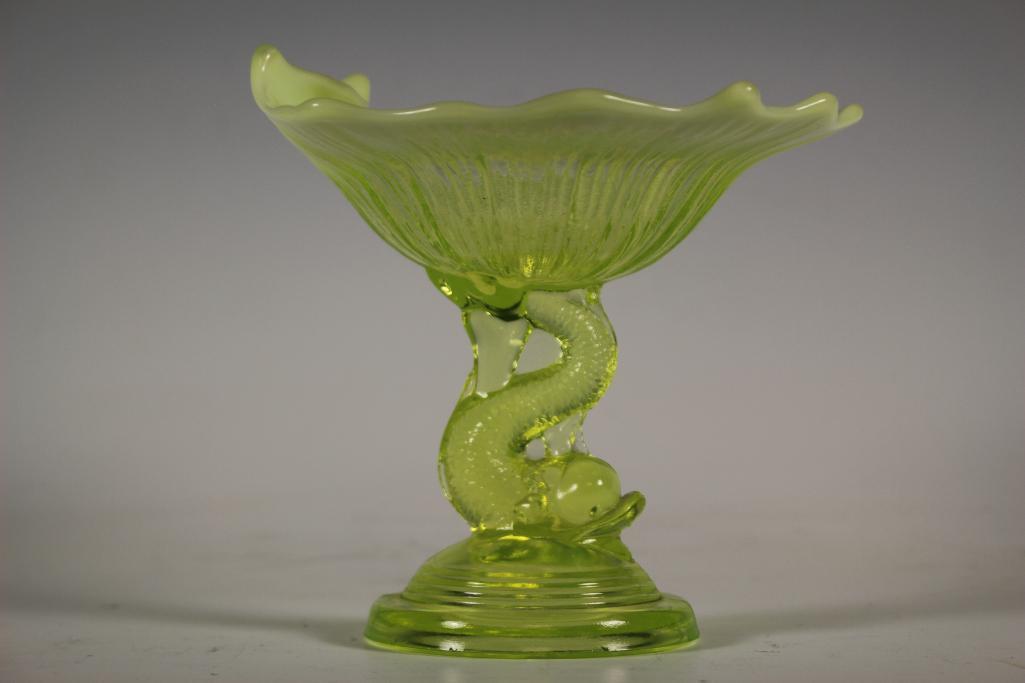 Vaseline Art Glass Compote with Serpent Base: Opal Vaseline art glass compote with serpent or dolphin base. Cambridge glass co. Standing approx 5.5" tall. Condition is good as shown, see photos.