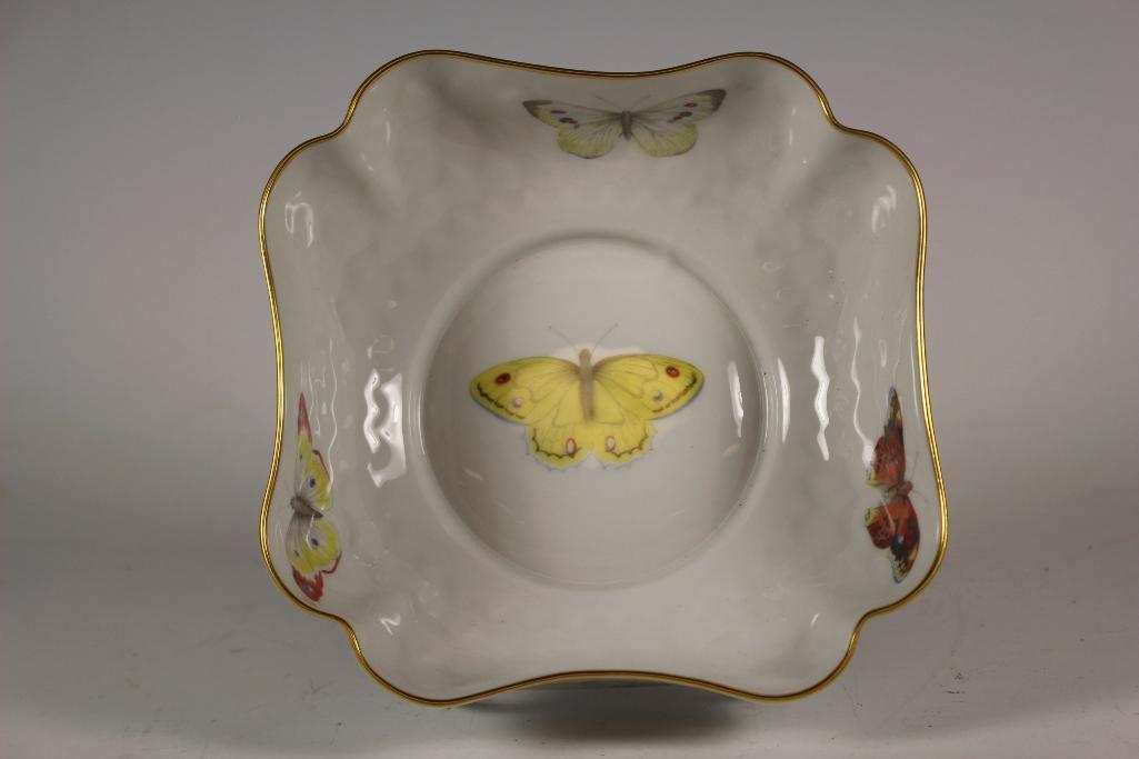 French L. Bernardaud Limoges Porcelain Butterfly Bowl: Lovely hand painted bowl featuring colorful monarch butterflies and gold rim. Staped B & C LIMOGES FRANCE artist L. Bernardaud as shown. Condition is good with little to no signs of use. See photos.