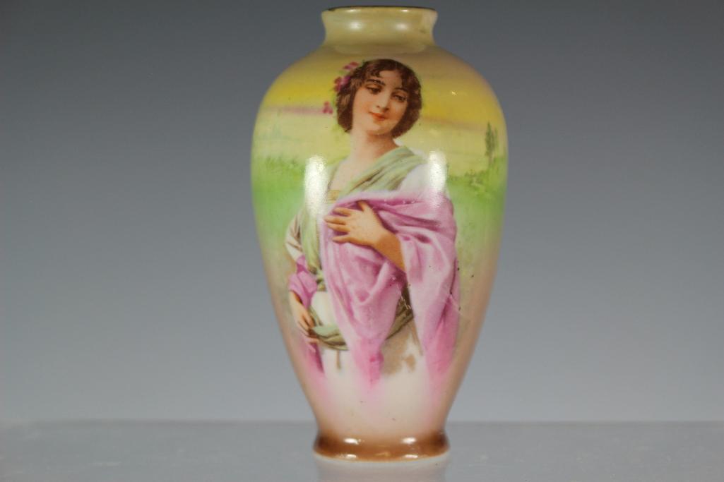 Royal Bayreuth Bavaria Portrait Vase: Stamped Bavaria portrait bud vase of elegant Victorian dressed woman. Standing approx 4.5" tall. Some light wear consisitent with age as shown in photos.