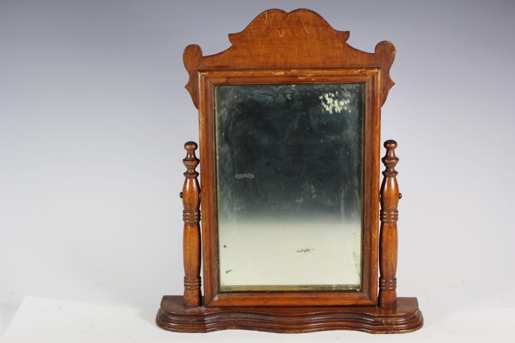 19th Century Gentleman's Shaving Mirror: Swivel dresser mirror or gentleman's shaving mirro on stand. Some silvering losses as shown. Measuring approx 15" tall x 13" wide. Signs of use and wear as shown, see photos.