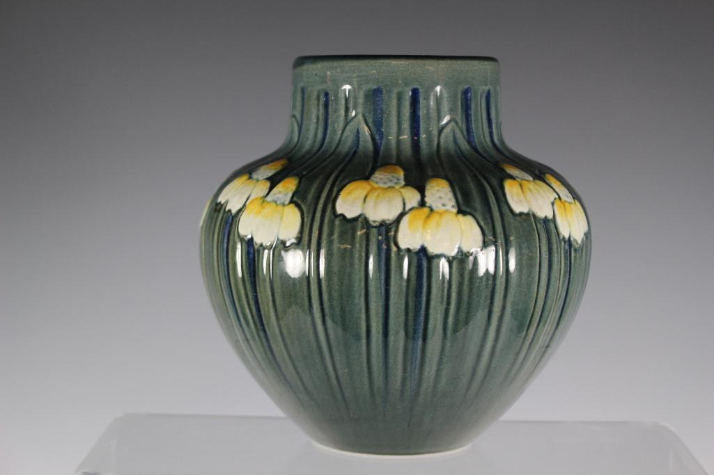 NEWCOMB POTTERY VASE by Mottahedeh Limited: Commemorative Newcomb Pottery Style Vase By Mottahedeh Newcomb College Pottery style vase by Mottahedeh (the recognized leader in luxury ceramic antique reproductions). Bottom marked with ADAPTED FROM