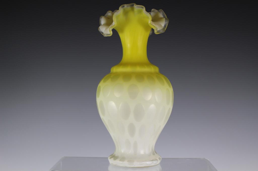 Hand Blown 19th Century Satin Art Glass Vase: Elegant yellow to Optec coin dot patterned satin glass vase with ruffled top. Raw pontil as shown. Loetz quality. See photos. Measuring approx 9" tall. Condition is good.