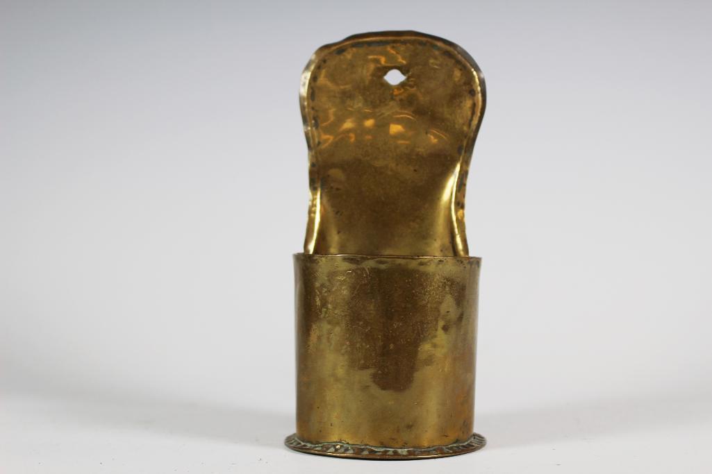 18th Century Brass Watch Holder: Rare late 18th early 19th century (1790's-1820's) brass with copper pin wall hanging watch holder or match holder. All hand made and riveted. Approx. 6 1/2" tall. In good original condition with no br