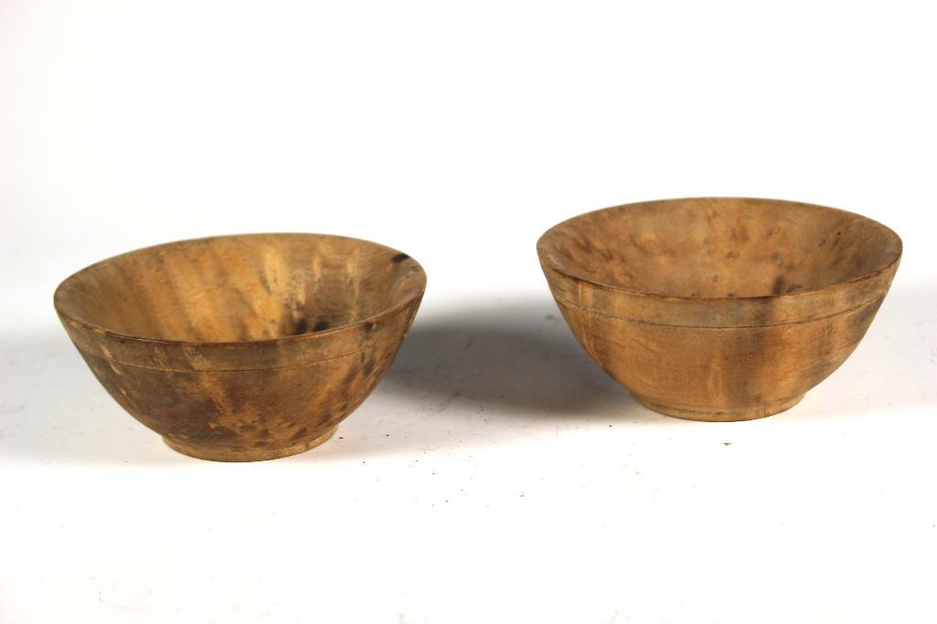 Antique Primitive Spice Herb Mortar Grinding Bowls: Two small primitive wood spice and herb mortar grinding bowls. Approx. 3 3/4" diameter. in good age appropriate condition, see photos.