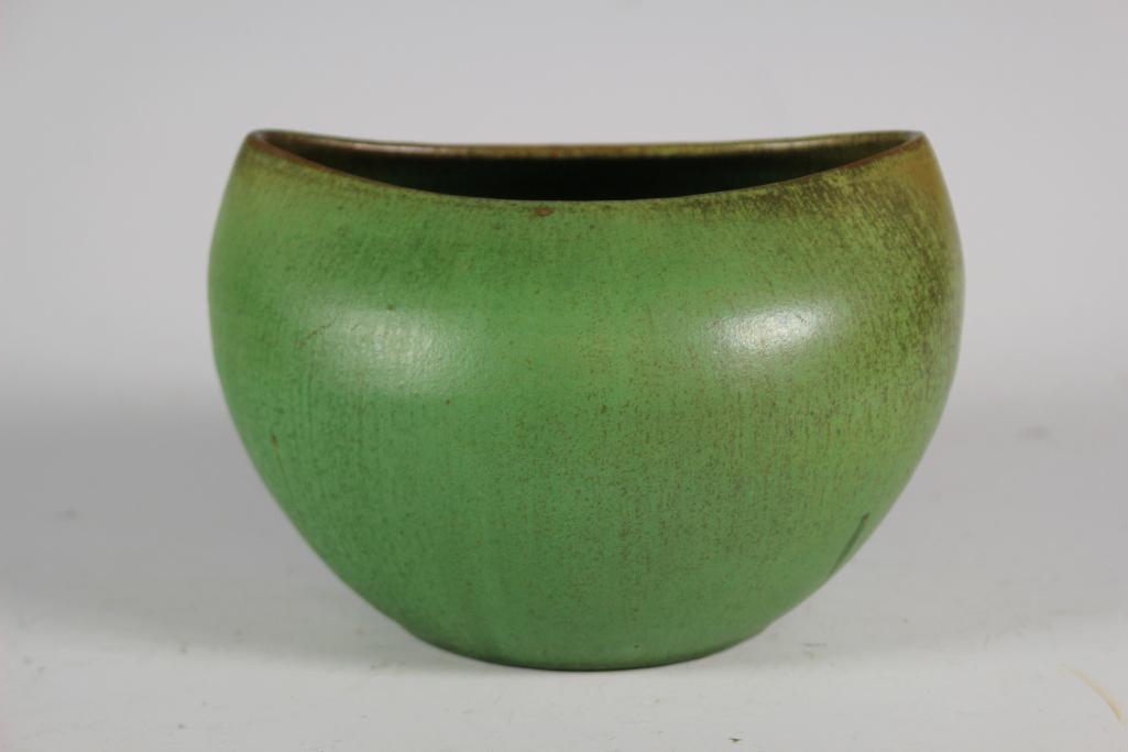 Art Deco Pottery Vase: Green matte finished art pottery vase. Art deco and arts and crafts era formed vase. Unsigned. Possibly Fulper pottery. Well designed and executed as shown. measuring approx 4" tal x 6" wide x 5" deep