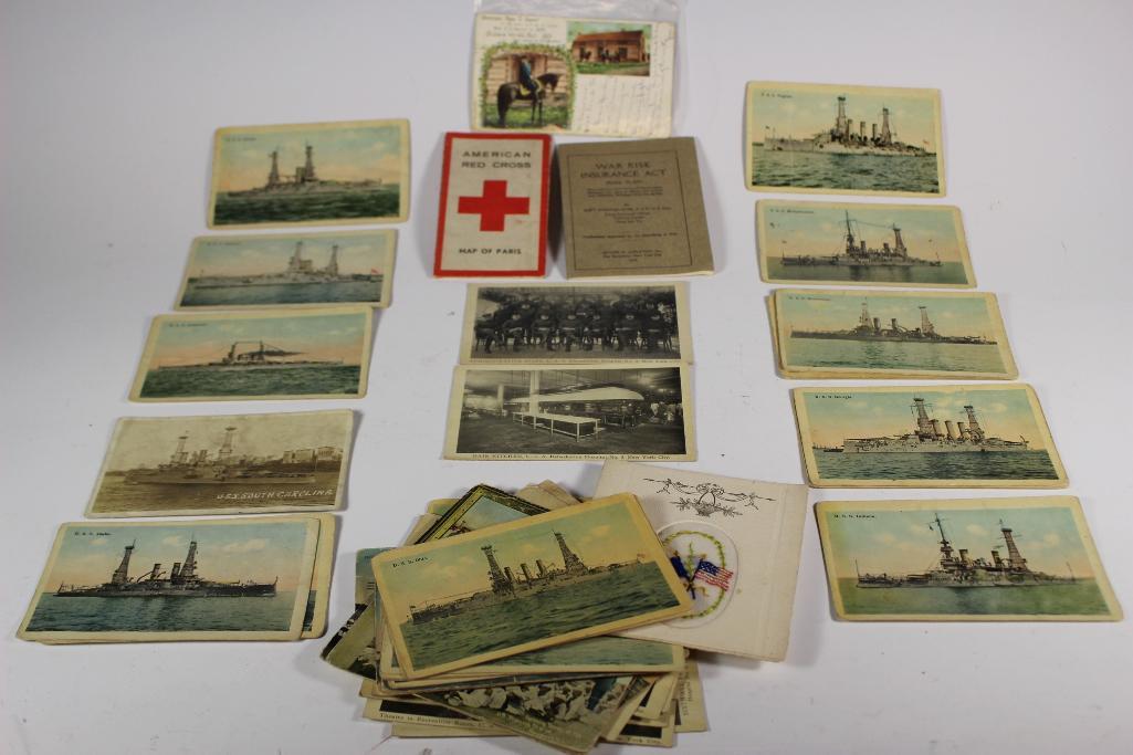 42 Vintage Postcards Military & Other Military: Collection of vintage military ship post cards from many states with some written on some not, also red cross map, of Paris and war risk insurance booklet. All in vintage age appropriate with signs of