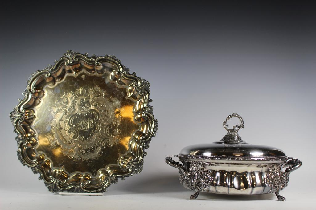Ornate Silver Plate Gorham and Cox Pairing: Including great ornate Cox quadruple plate lidded footed serving bowl approx. 10" diameter and Gorham footed serving platter monogrammed in center approx. 12 1/2" diameter. In age appropriate conditio