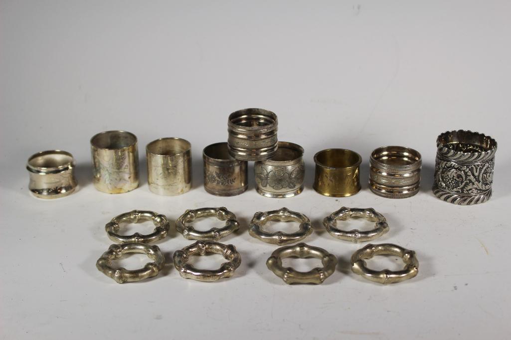 Collection of 17 Silver Plate Napkin Rings: Includes 8 matching solid circular rings and 9 various rings. All in vintage age appropriate condition, see photos.