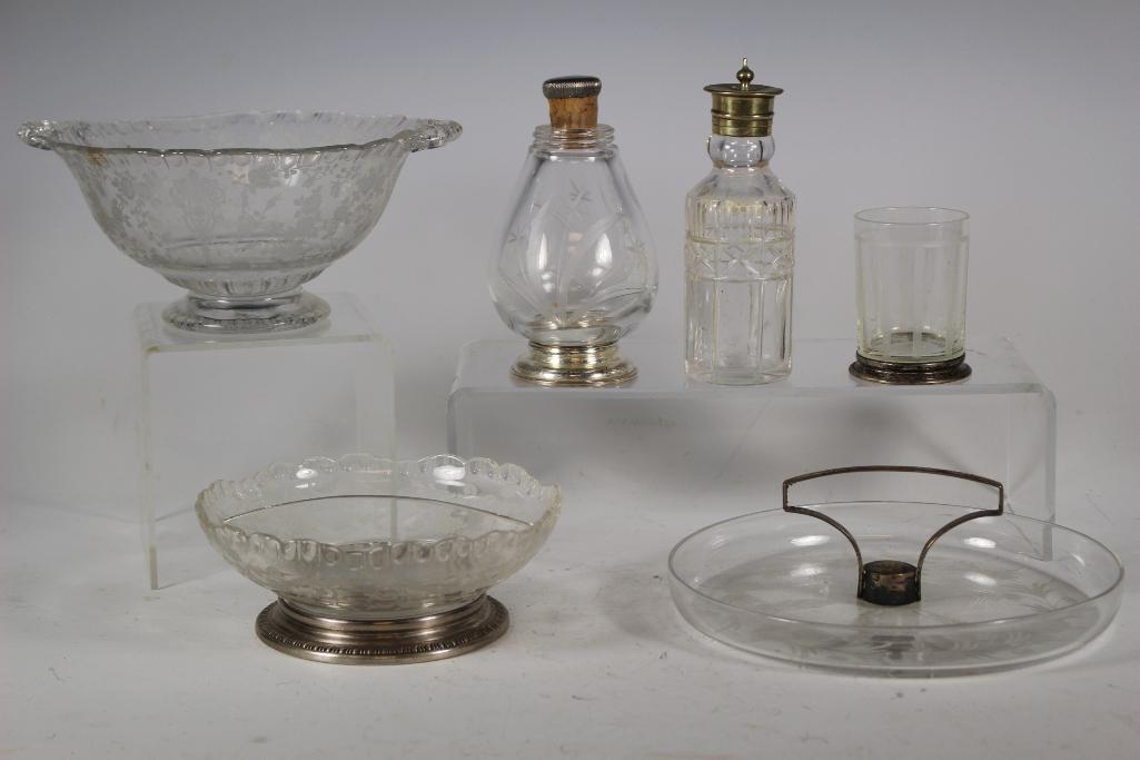 Etched Glass and Sterling Collection: Collection of 6 cut and etched glass with sterling silver. includes; toothpick holder, 2 etched glass candy dishes sterling handled dish, oil bottle and shaker. In good condition with no obvious chips